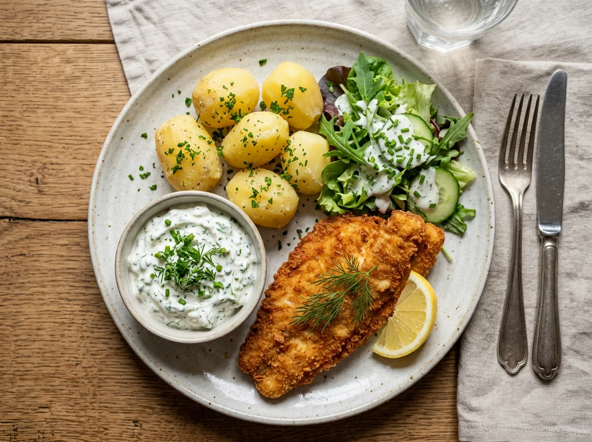 Paniertes Fischfilet mit Salzkartoffeln und Kräuterquark photo