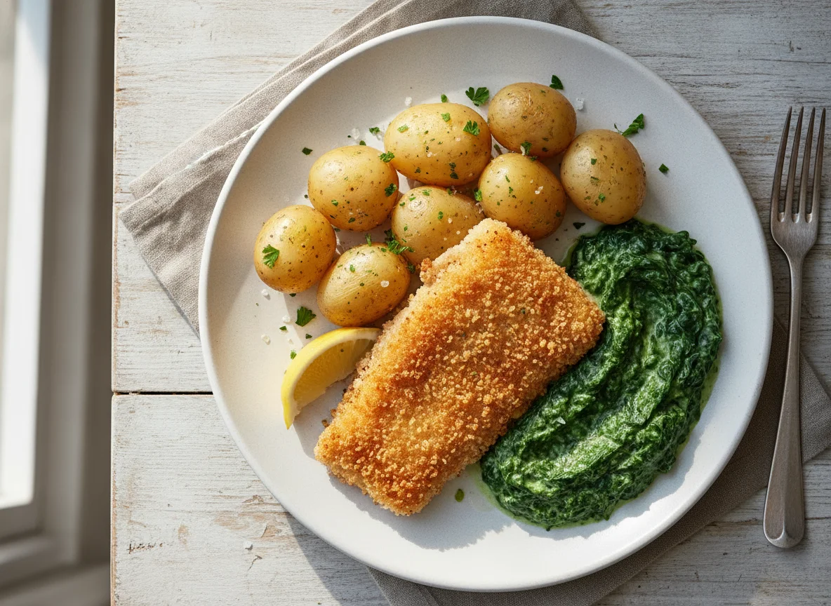 Paniertes Fischfilet mit Salzkartoffeln und Rahmspinat photo