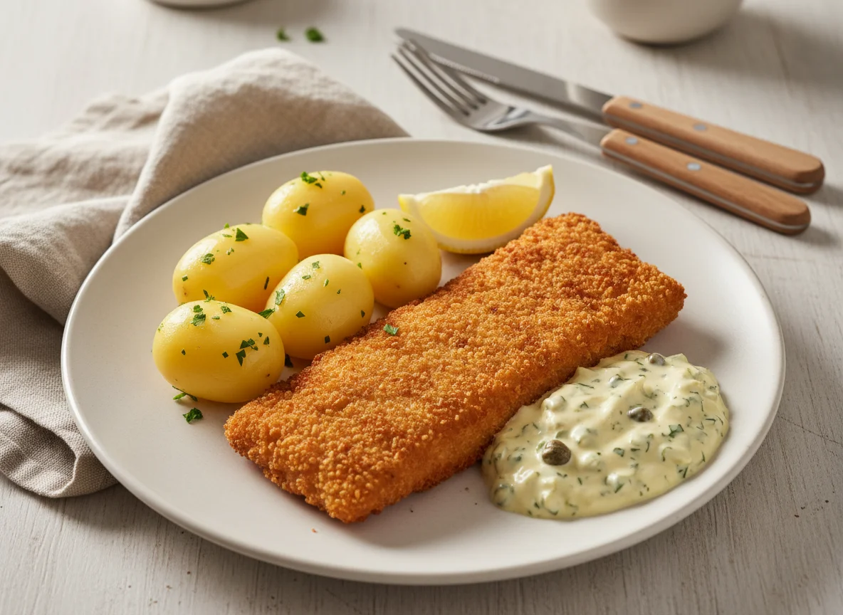 Paniertes Fischfilet mit Salzkartoffeln und Remoulade photo