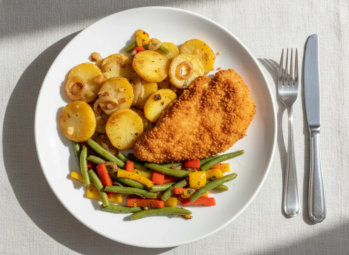 Paniertes Hähnchen mit Bratkartoffeln und Gemüse photo