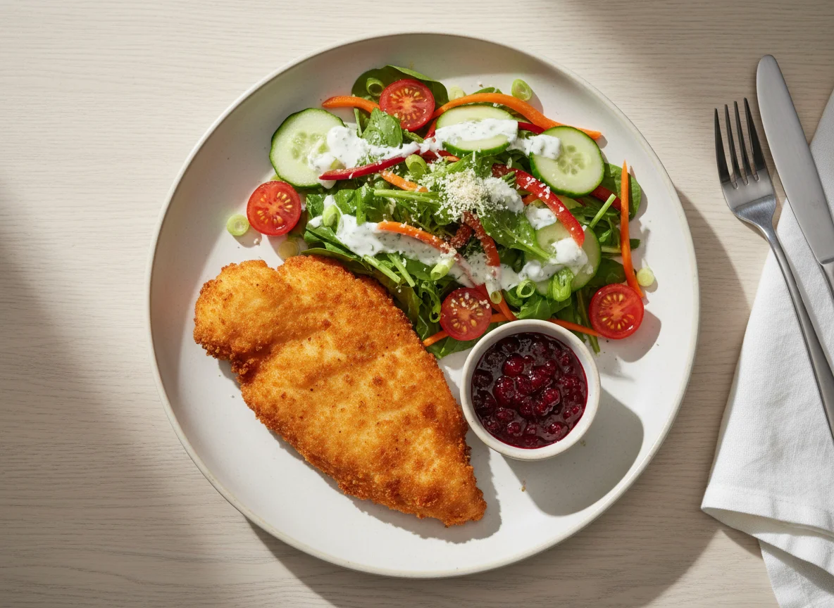 Paniertes Hähnchen mit gemischtem Salat und Preiselbeersauce photo