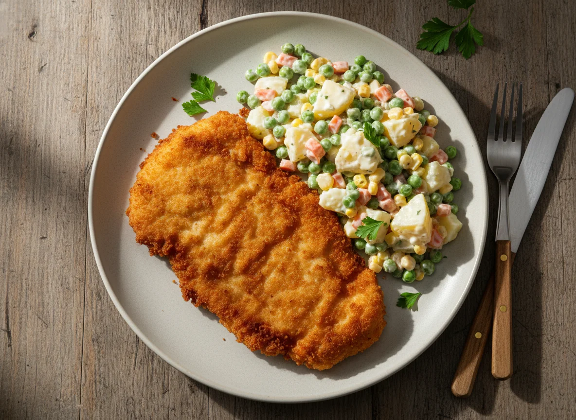 Paniertes Hähnchen mit Kartoffel-Erbsen-Salat photo