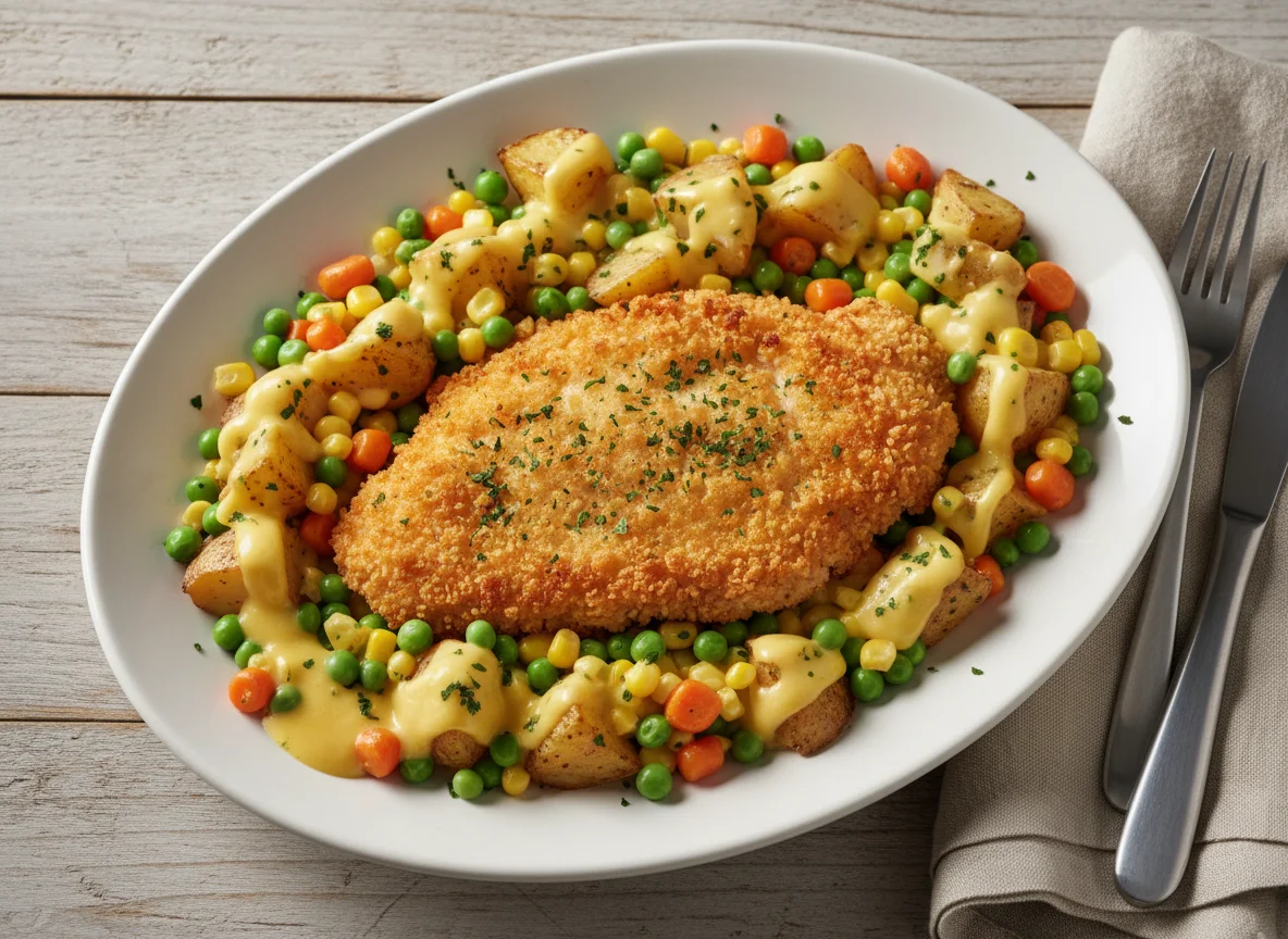 Paniertes Hähnchen mit Kartoffeln und Gemüse in Käsesauce photo