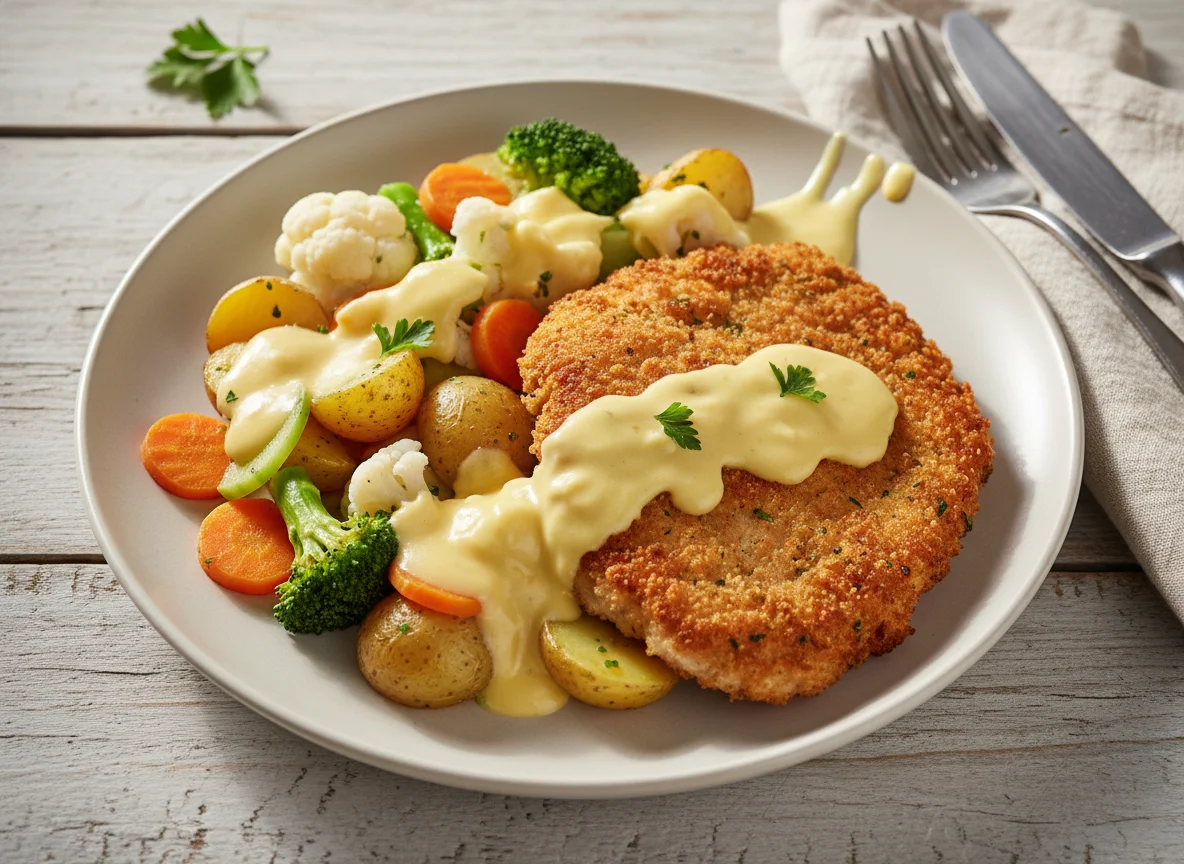 Paniertes Hähnchen mit Kartoffeln und Gemüse in Sauce Hollandaise photo