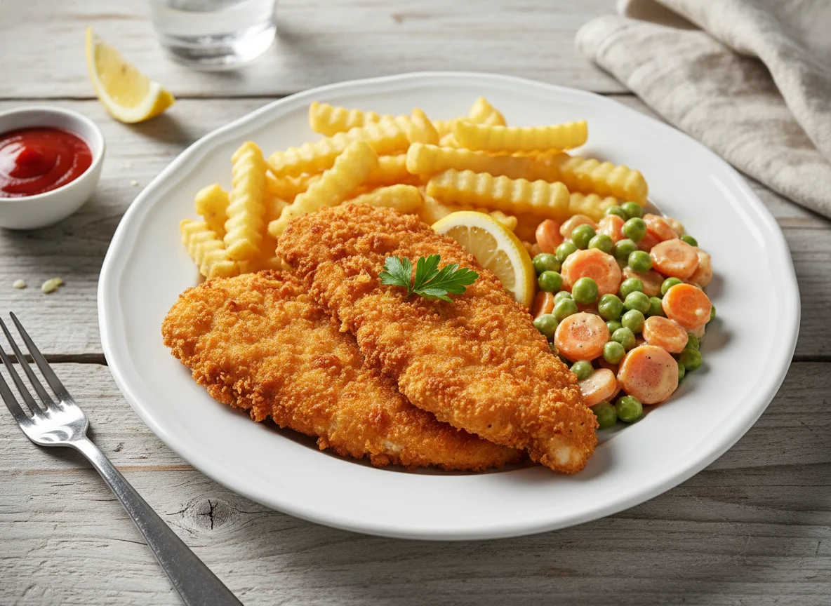 Paniertes Hähnchen mit Pommes und Erbsen-Möhren-Gemüse photo