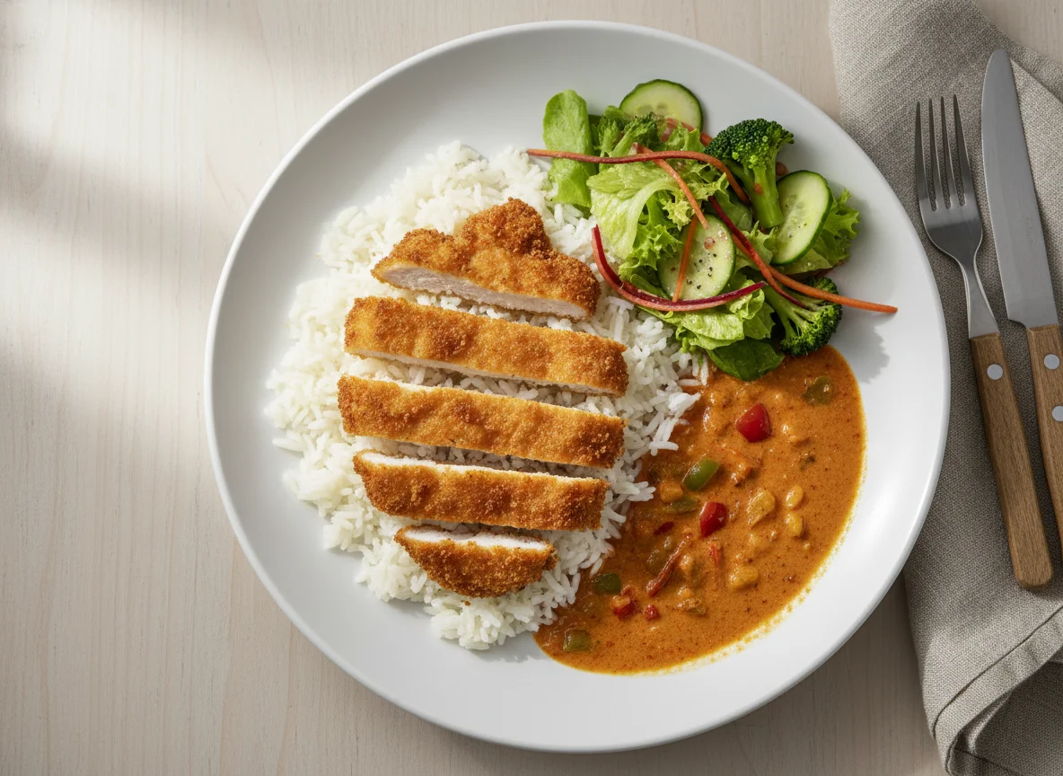 Paniertes Hähnchen mit Reis und Curry photo