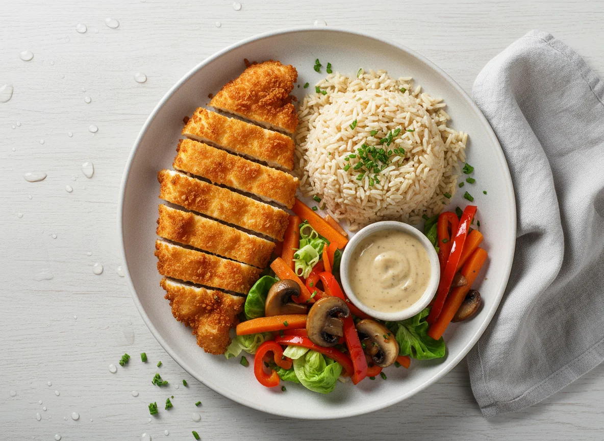 Paniertes Hähnchen mit Reis und Gemüse photo