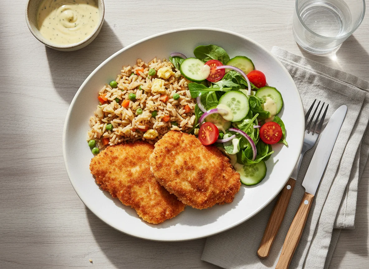 Paniertes Hähnchen mit Reis und Salat photo
