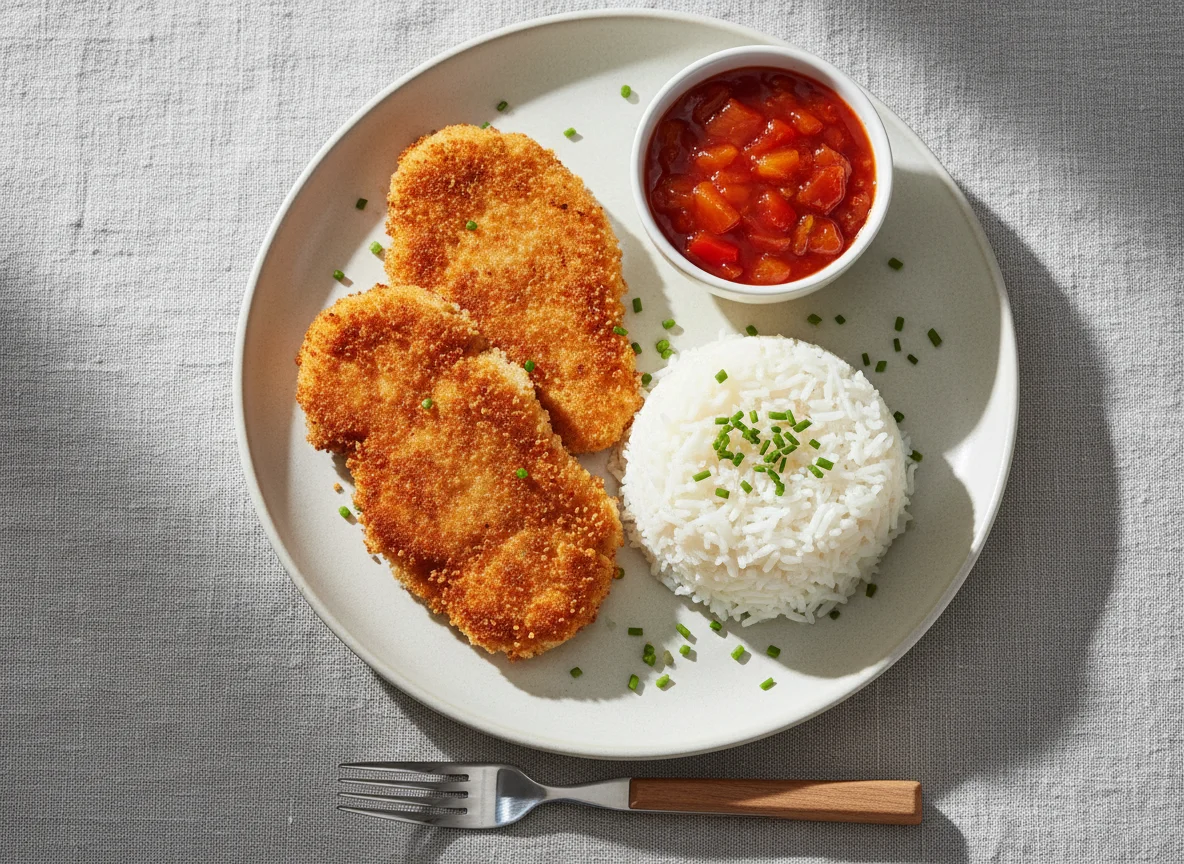 Paniertes Hähnchen mit Reis und Sauce photo