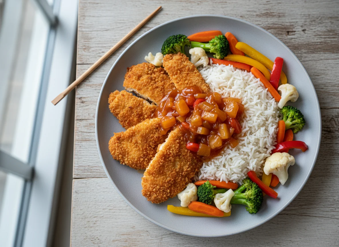Paniertes Hähnchen mit Reis und Süß-Sauer-Soße photo
