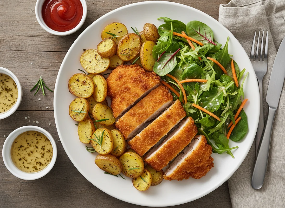 Paniertes Hähnchen mit Rosmarinkartoffeln und Salat photo