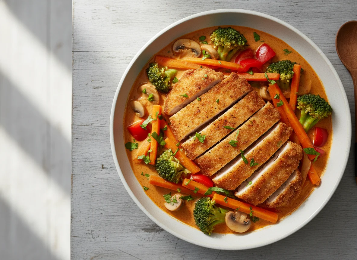 Paniertes Hähnchen mit rotem Curry und Gemüse photo
