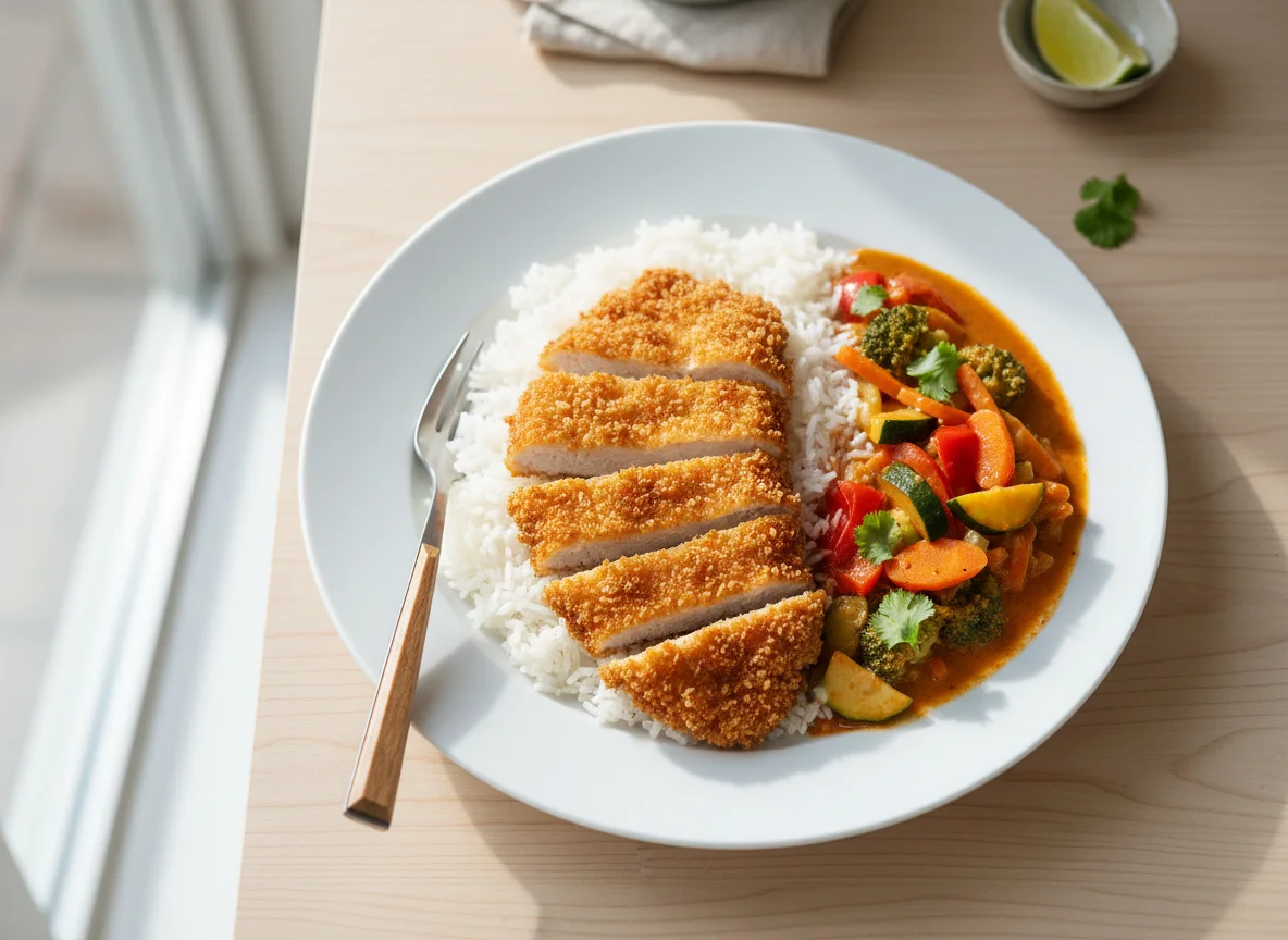 Paniertes Hähnchen mit rotem Curry und Reis photo