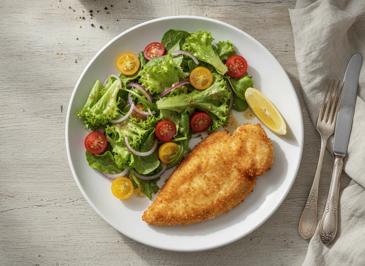 Paniertes Hähnchenbrustfilet mit gemischtem Salat photo