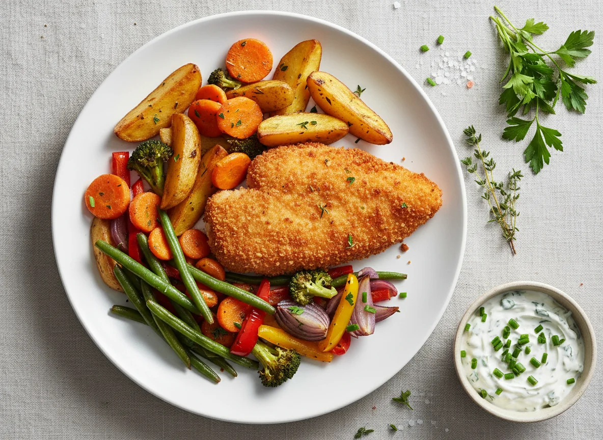 Paniertes Hähnchenbrustfilet mit Ofengemüse und Kräuterquark photo