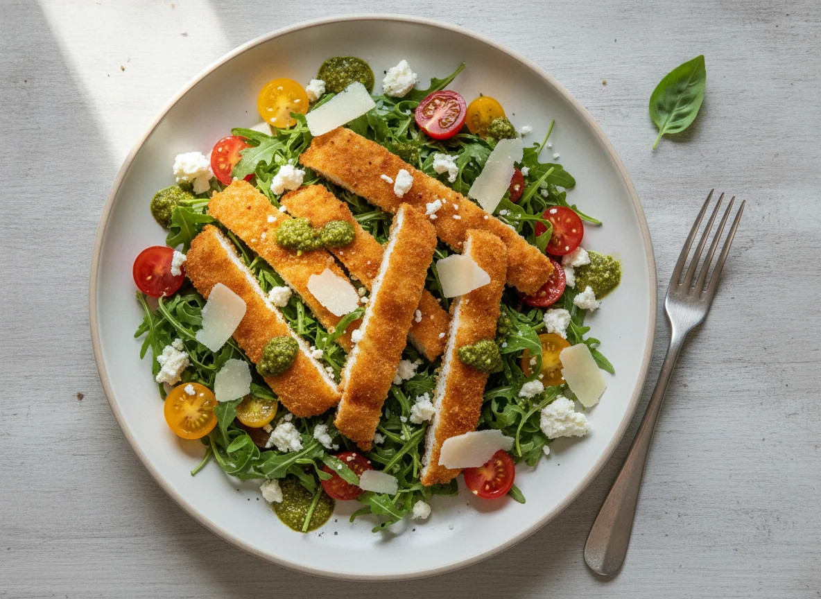 Paniertes Hähnchensalat mit Pesto und Parmesan photo