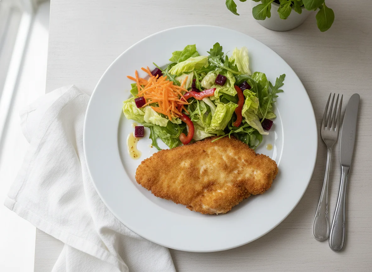 Paniertes Hähnchenschnitzel mit gemischtem Salat photo