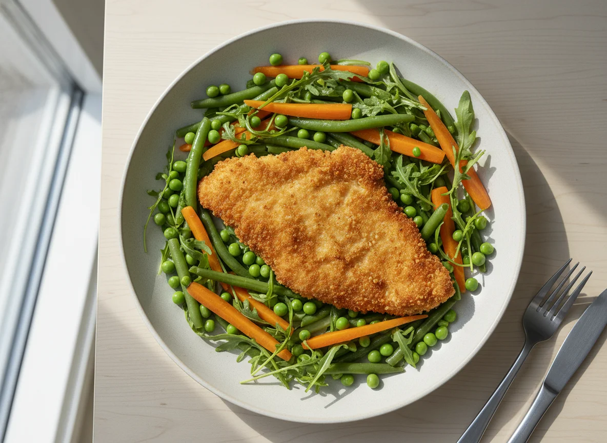 Paniertes Poulet mit Bohnen, Erbsen, Karotten und Rucola photo