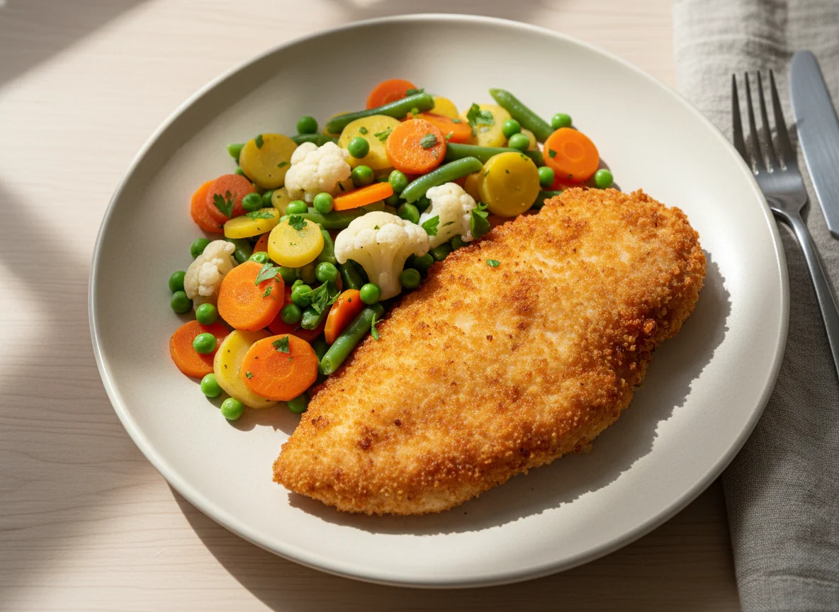Paniertes Poulet mit Gemüsemischung photo