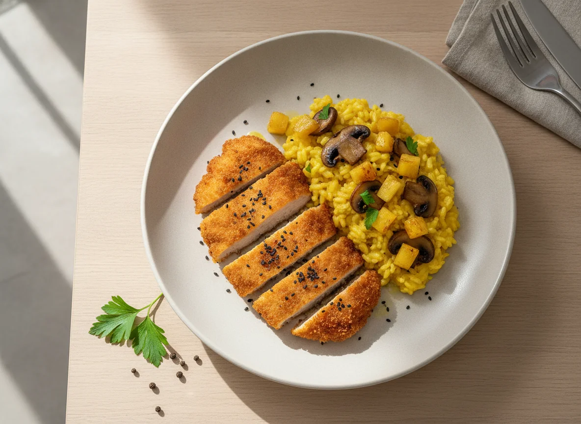 Paniertes Poulet mit Risotto und Pilz-Ananas-Gemüse photo