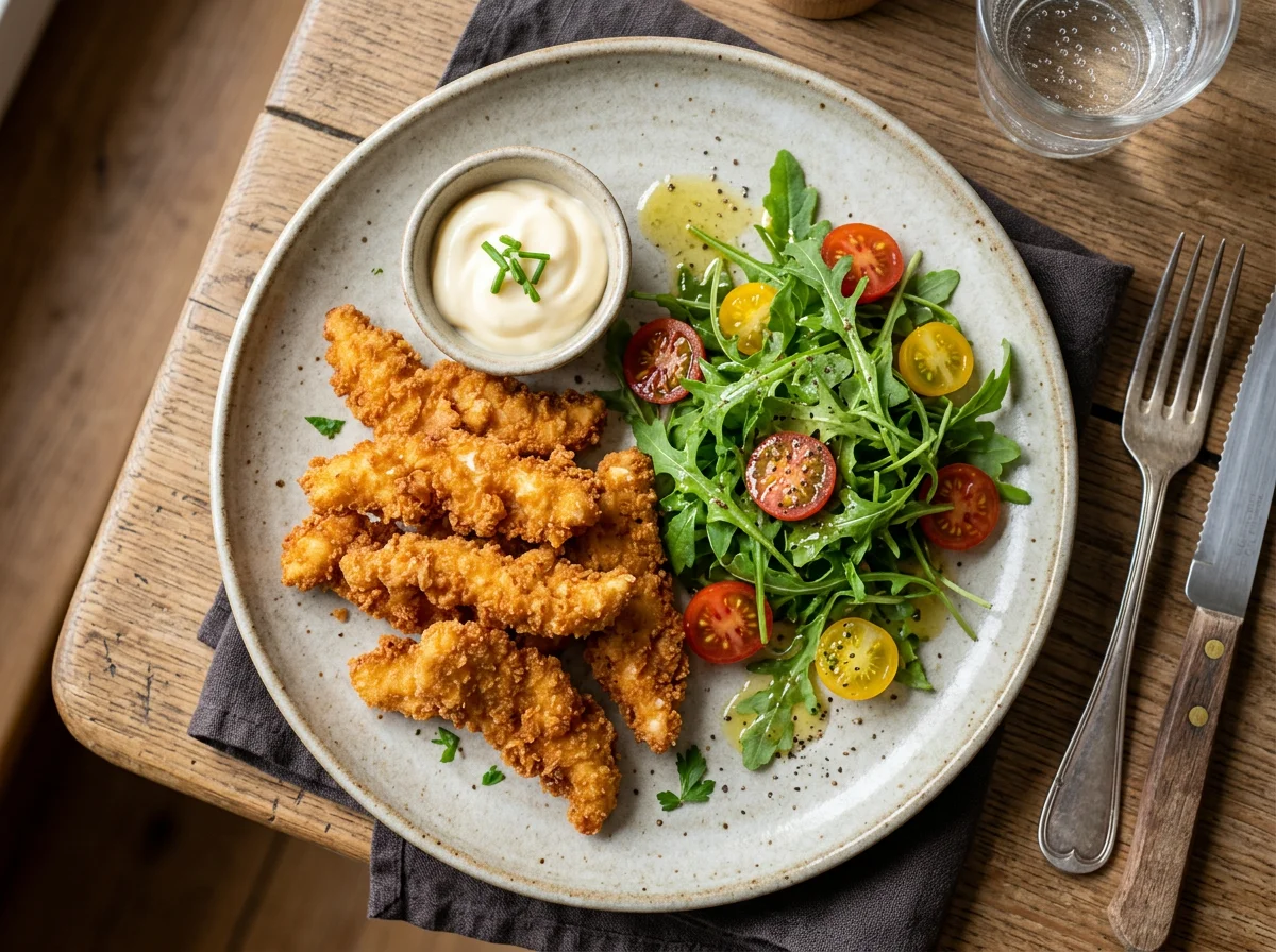 Paniertes Poulet mit Rucolasalat und Tomaten photo