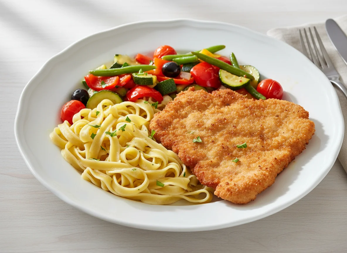 Paniertes Schnitzel mit Bandnudeln und Gemüse photo