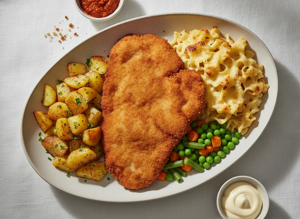 Paniertes Schnitzel mit Beilagen photo
