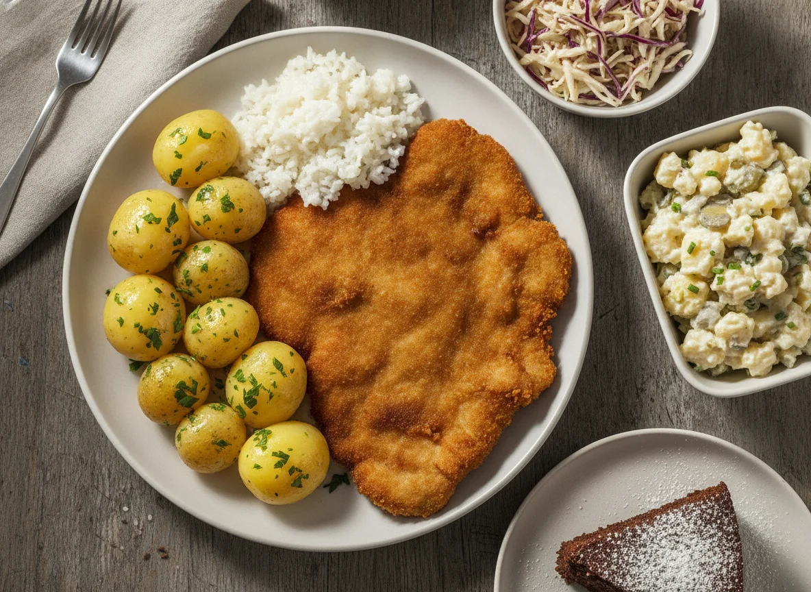 Paniertes Schnitzel mit Beilagen und Dessert photo