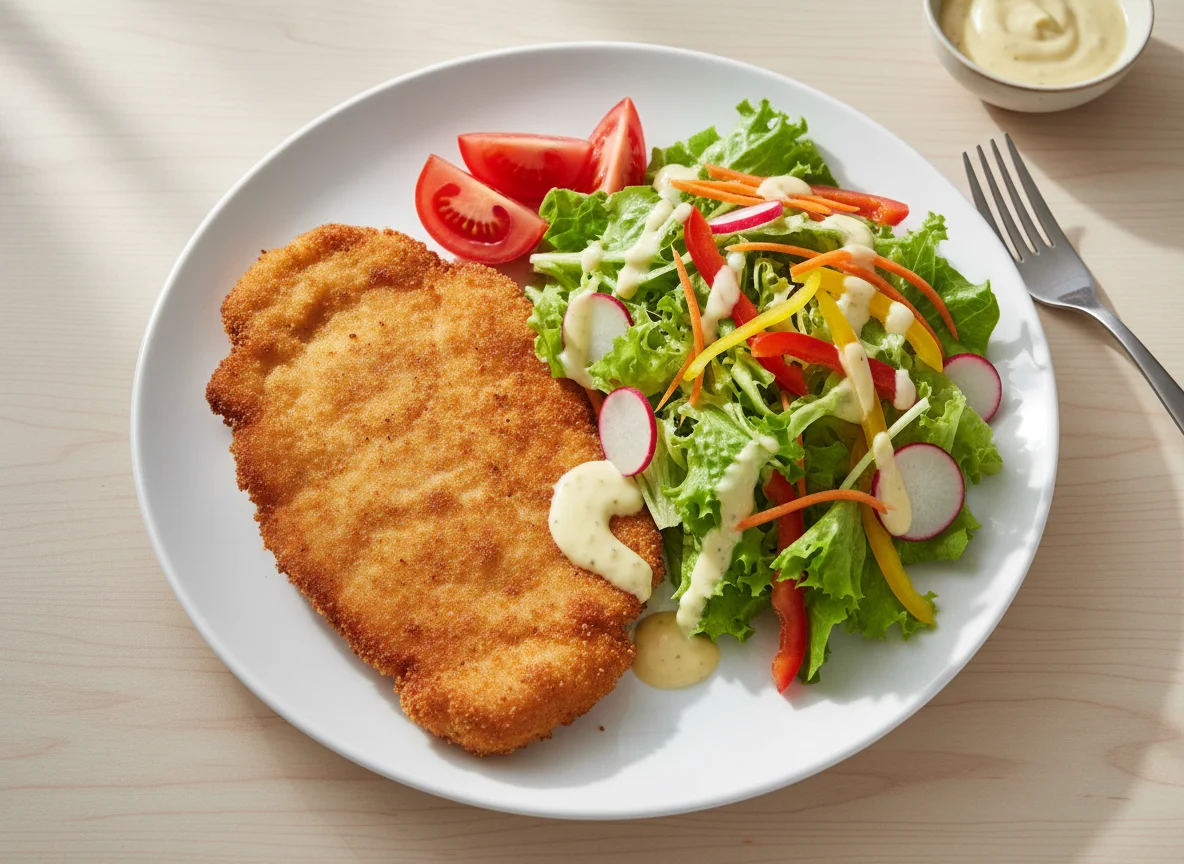 Paniertes Schnitzel mit Beilagensalat und Dressing photo