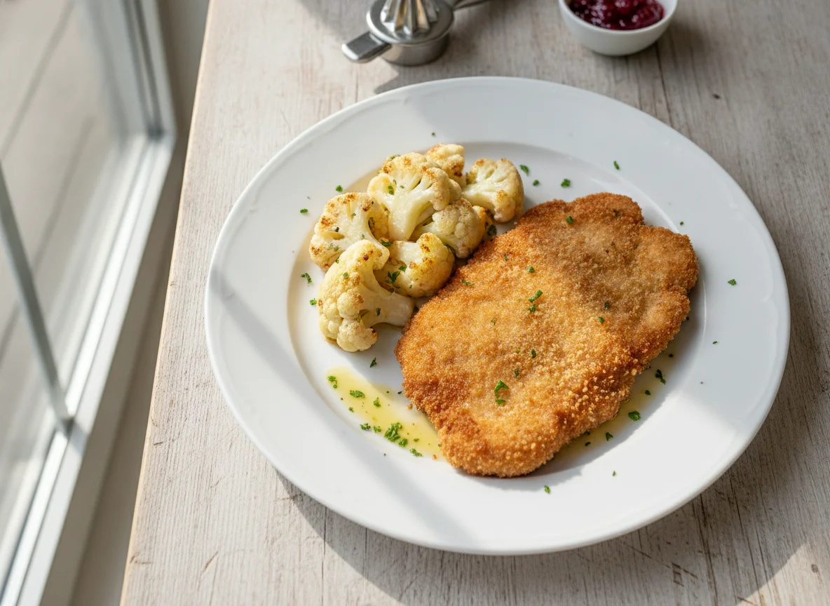 Paniertes Schnitzel mit Blumenkohl photo