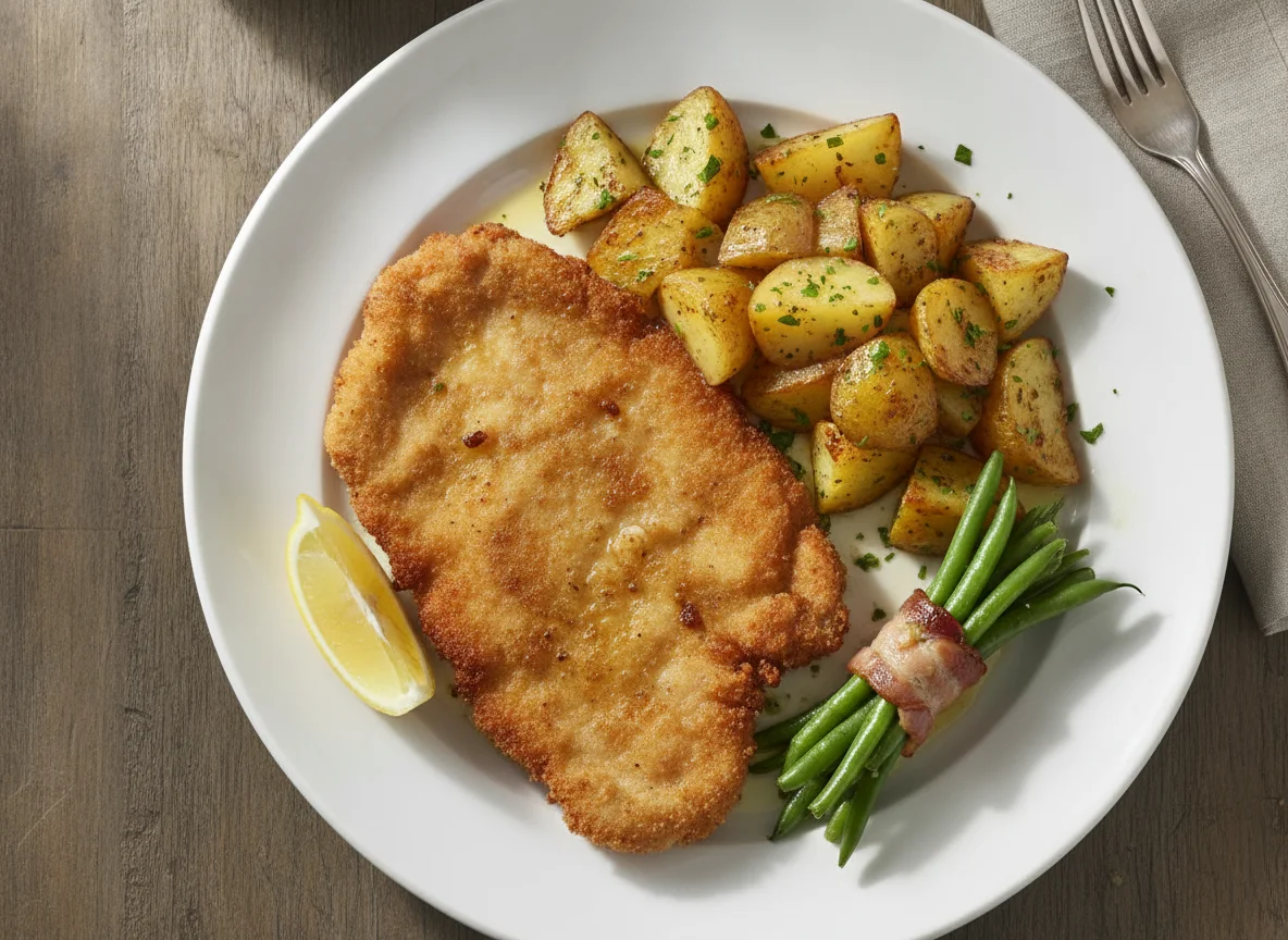 Paniertes Schnitzel mit Bratkartoffeln und grünen Bohnen photo