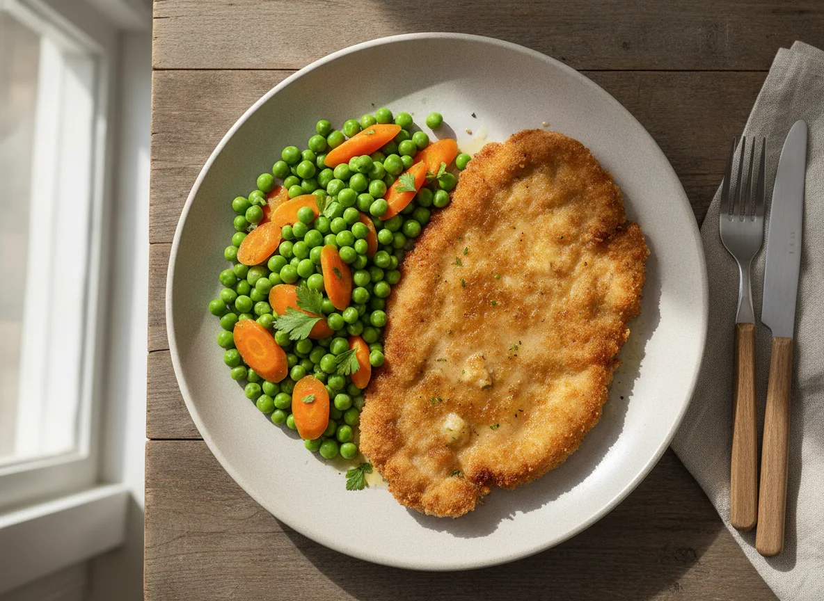 Paniertes Schnitzel mit Erbsen und Möhren photo