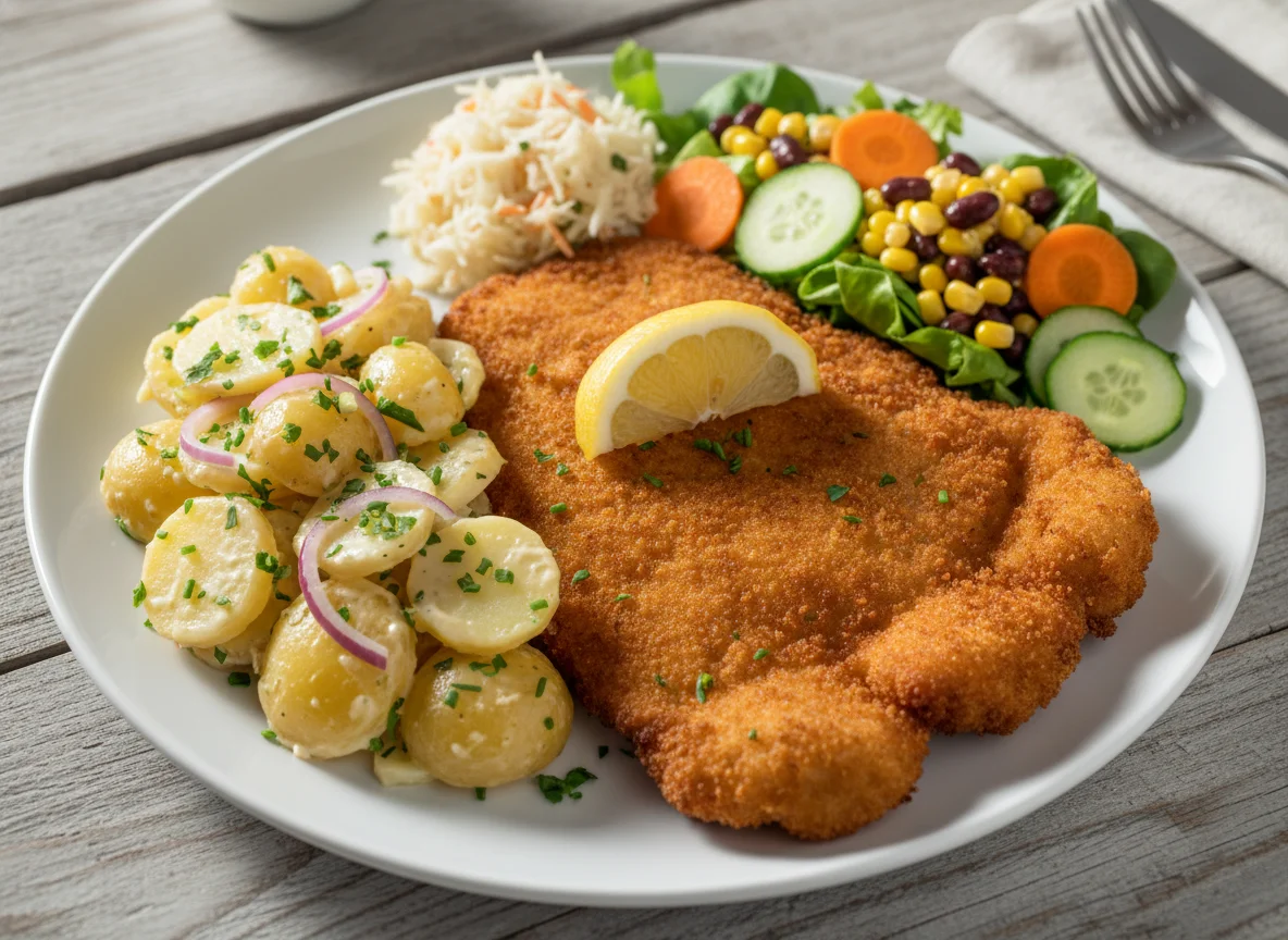 Paniertes Schnitzel mit Erdäpfelsalat und Beilagensalat photo