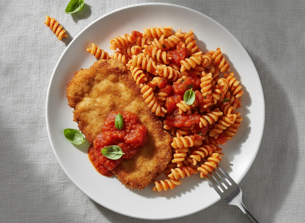 Paniertes Schnitzel mit Fusilli und Tomatensauce photo