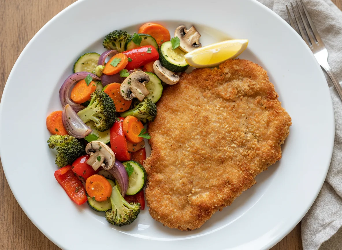 Paniertes Schnitzel mit gebratenem Gemüse photo