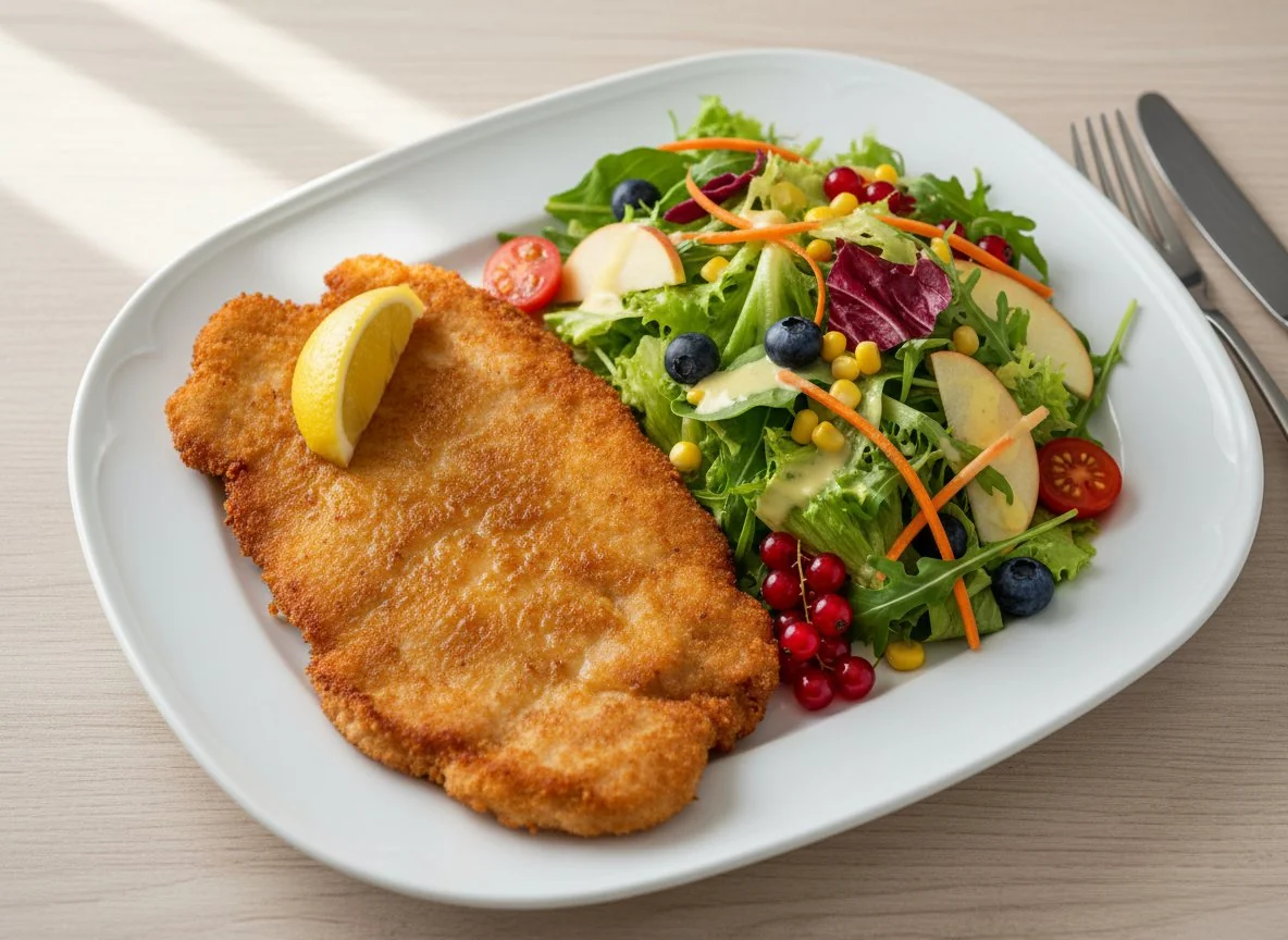 Paniertes Schnitzel mit gemischtem Salat photo