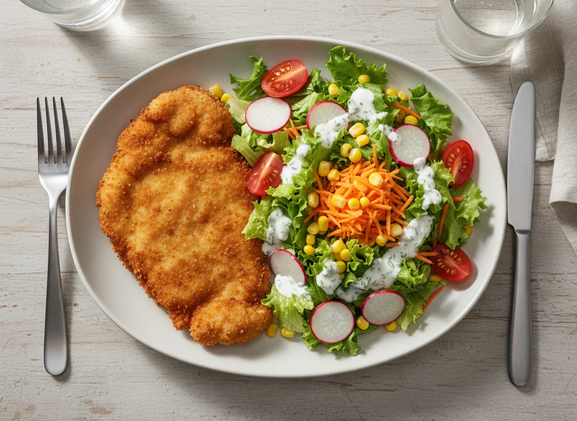 Paniertes Schnitzel mit gemischtem Salat und Dressing photo