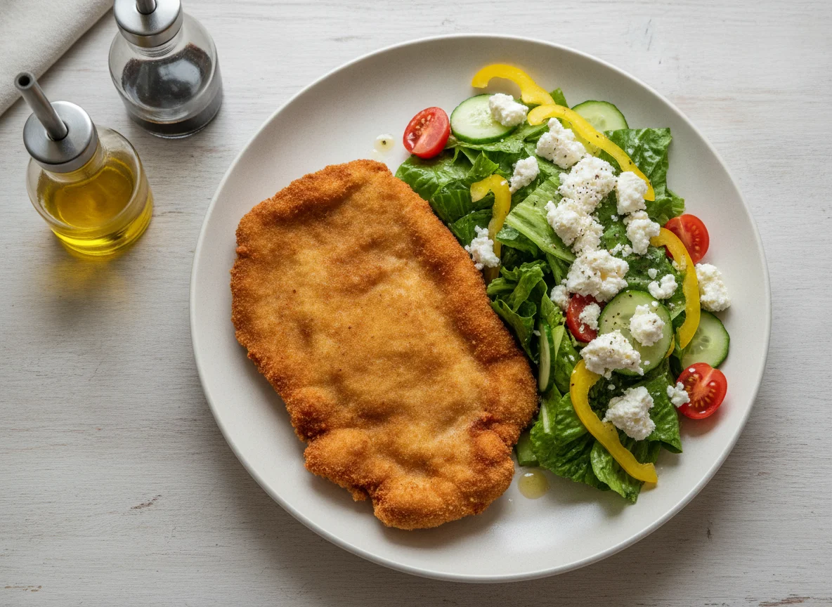 Paniertes Schnitzel mit gemischtem Salat und Feta photo