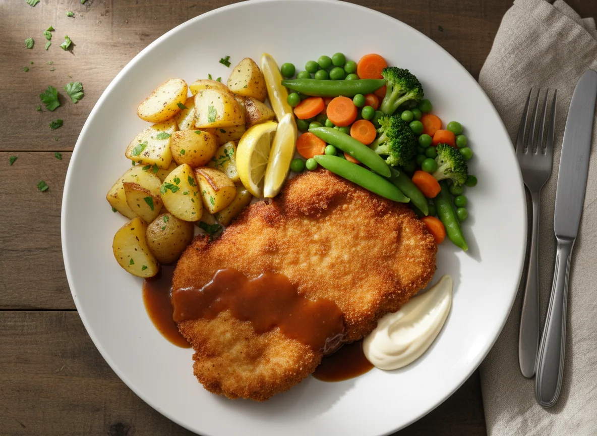 Paniertes Schnitzel mit Gemüse und Kartoffeln photo