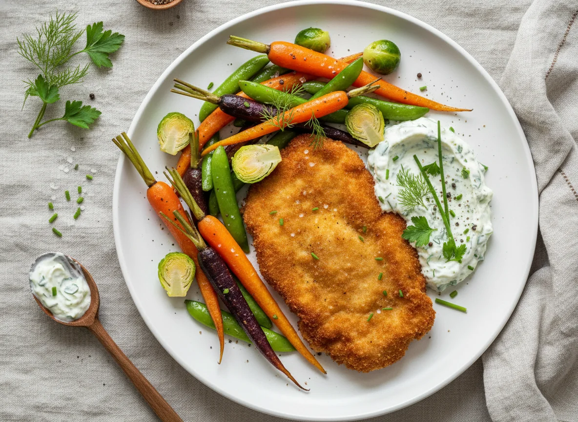 Paniertes Schnitzel mit Gemüse und Kräuterquark photo