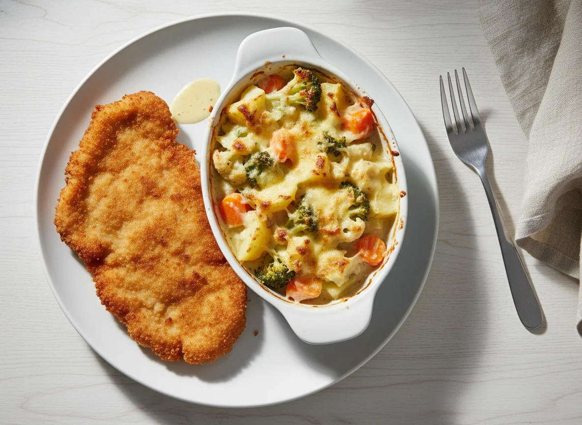 Paniertes Schnitzel mit Gemüseauflauf photo