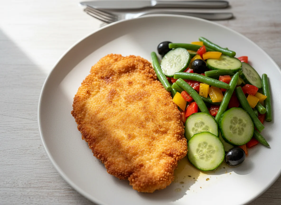 Paniertes Schnitzel mit Gemüsesalat photo