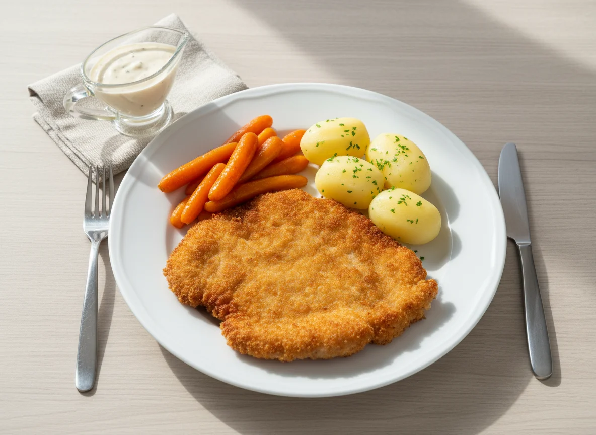 Paniertes Schnitzel mit Karotten und Kartoffeln photo