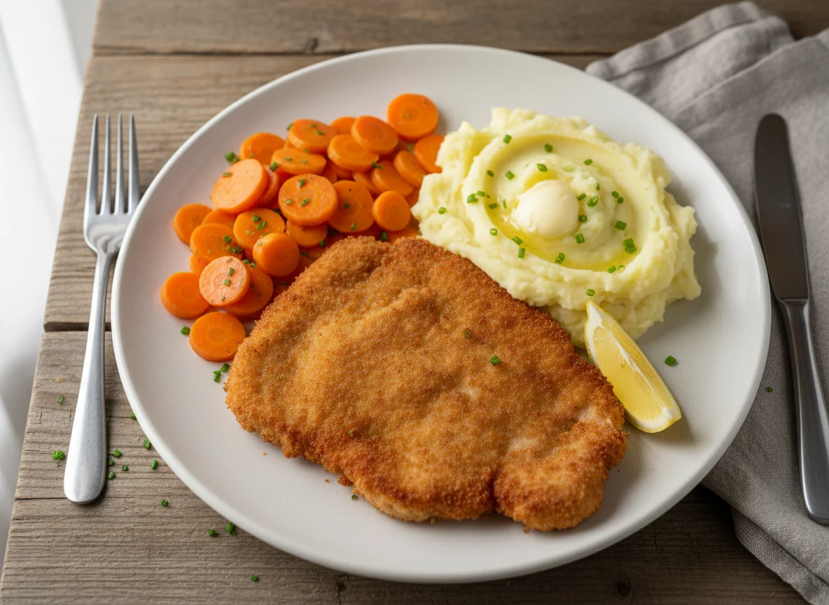 Paniertes Schnitzel mit Kartoffelbrei und Karotten photo