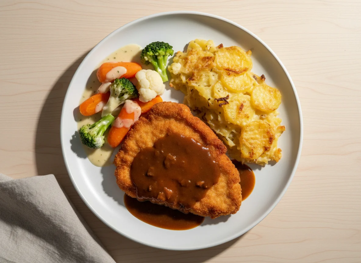 Paniertes Schnitzel mit Kartoffelgratin und Gemüse photo