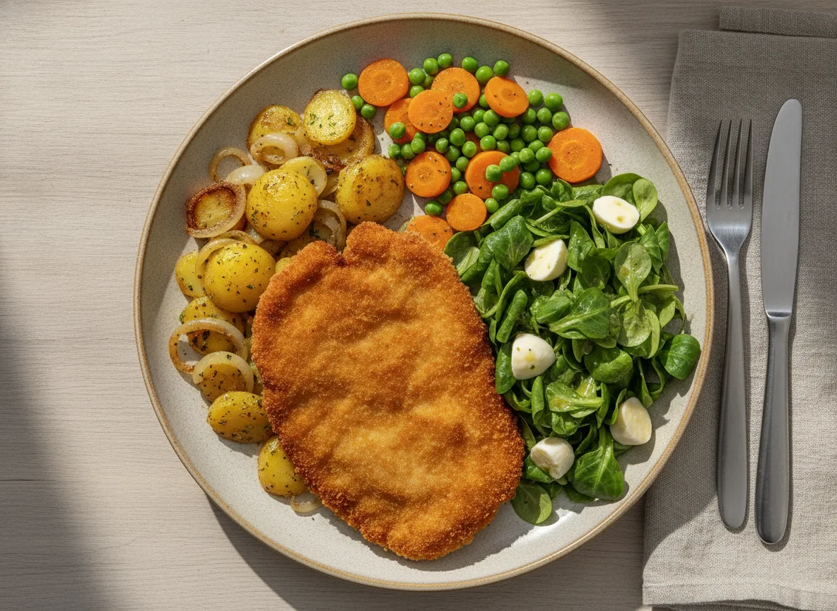 Paniertes Schnitzel mit Kartoffeln, Karotten, Erbsen und Feldsalat photo