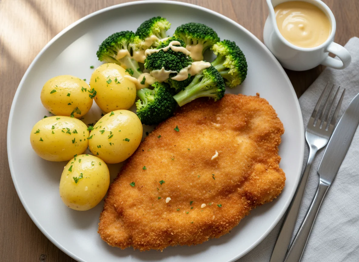 Paniertes Schnitzel mit Kartoffeln und Brokkoli photo