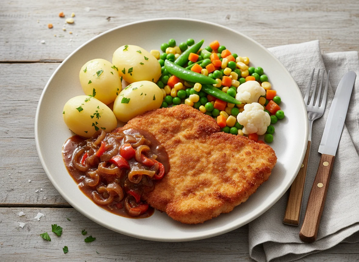 Paniertes Schnitzel mit Kartoffeln und Gemüse photo