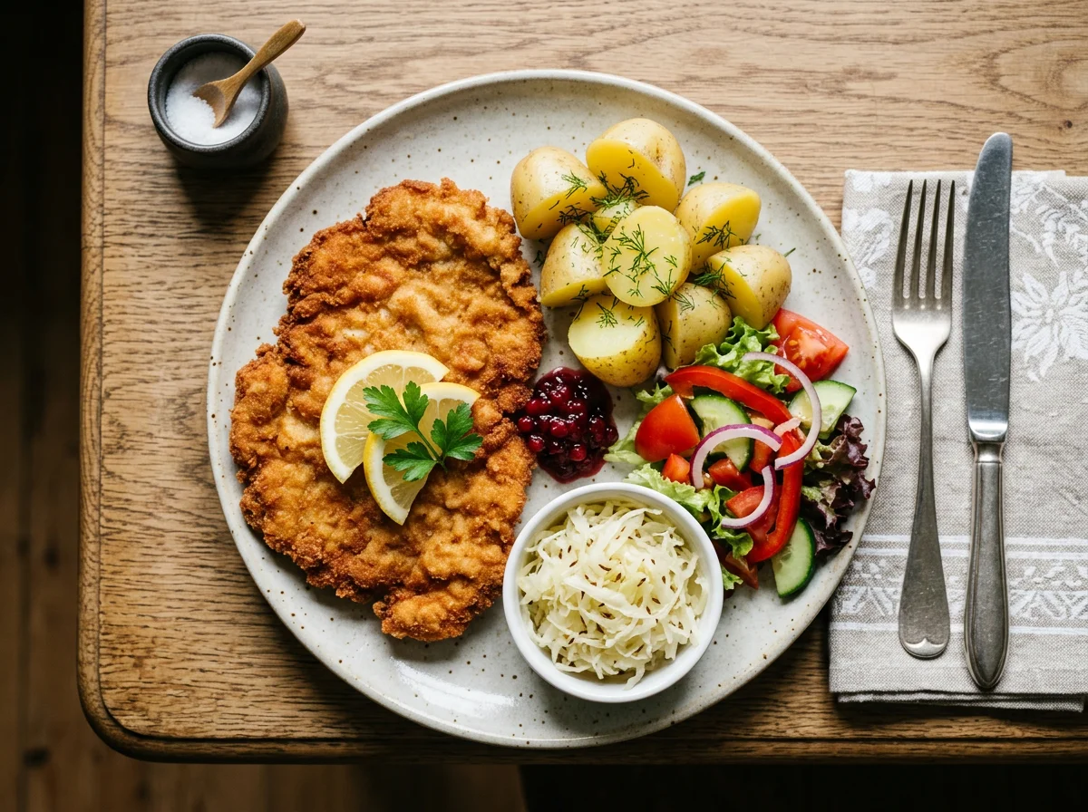 Paniertes Schnitzel mit Kartoffeln und Salat photo