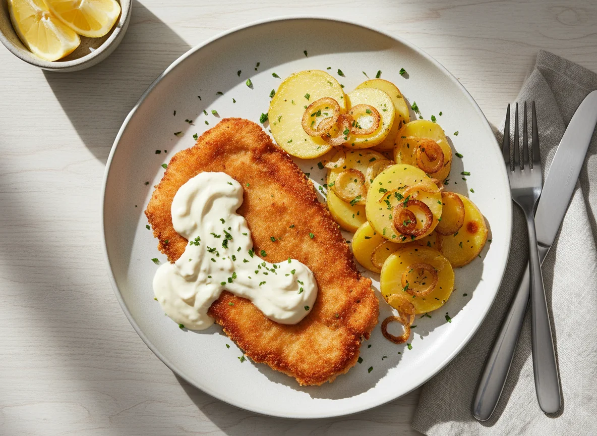Paniertes Schnitzel mit Kartoffeln und Sauce photo